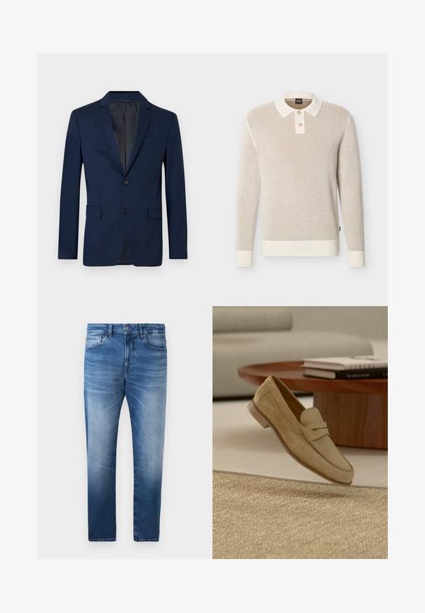 Blazer navy con cierre de un botón, dos bolsillos laterales y un bolsillo en el pecho. Fabricado con una tela suave, tiene un corte entallado y solapas con muesca.; Jersey de punto texturizado beige de manga larga con cuello tipo polo blanco, dos botones y puños y bajo acanalados.; Pantalones vaqueros de denim azul claro con un acabado desgastado, diseño de cinco bolsillos, cremallera y pasadores para cinturón. Presenta un corte recto y una textura suave.; Mocasín de ante beige con detalle de tira para moneda flotando sobre una alfombra beige texturizada, con una mesa de café redonda de madera y libros apilados al fondo.