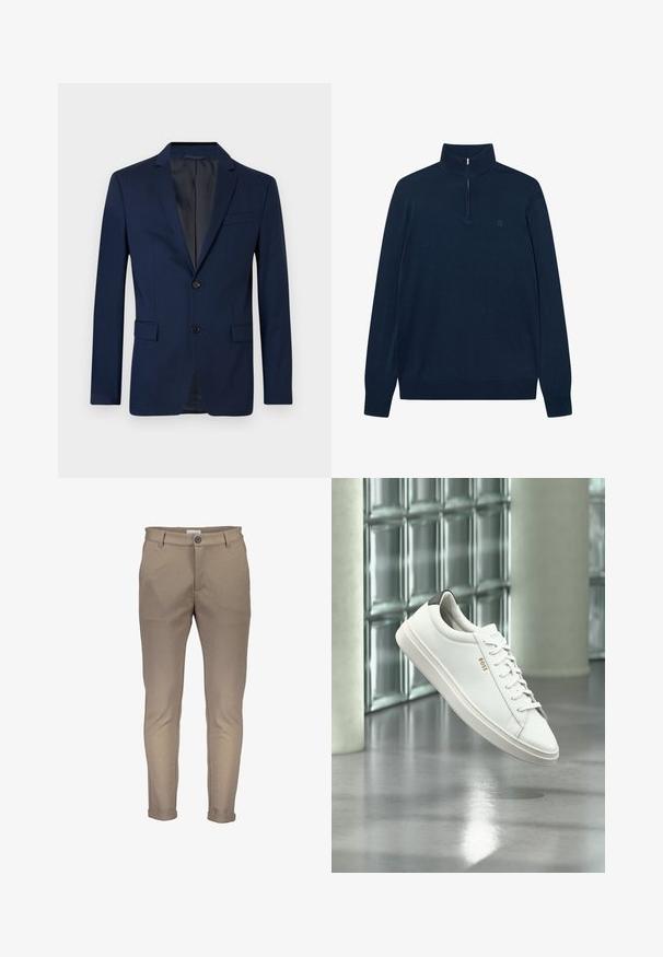 Blazer navy con cierre de un botón, dos bolsillos laterales y un bolsillo en el pecho. Fabricado con una tela suave, tiene un corte entallado y solapas con muesca.; Suéter de manga larga color azul marino con cuello de media cremallera. Hecho de un tejido suave, con un logo sutil en el lado izquierdo del pecho. Textura suave.; Pantalones de mezcla de algodón beige con un ajuste entallado, que cuentan con cierre de botón, trabillas para cinturón y puños doblados. Textura suave con costuras limpias.; Zapatilla deportiva de piel blanca de corte bajo con cordones, lengüeta negra en el talón y logo "BOSS", flotando en interiores cerca de una pared de bloques de vidrio y suelo pulido.