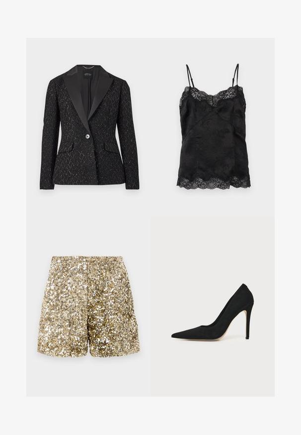 Sort blazer med en struktureret mønster, satin revers, to forlommer, enkelt knaplukning og diskrete metalliske accenter.; Sort satin cami med tynde justerbare stropper, blomsterjacquardmønster og blonder langs halsudskæringen og kanten.; Guldglitrende shorts med en skinnende tekstur, der har en løs pasform og en elastisk talje. Pailletterne skaber en funklende effekt.; Sort højhælet stiletpump med spids tå og glat tekstur, vist fra siden på en ensfarvet lys baggrund.