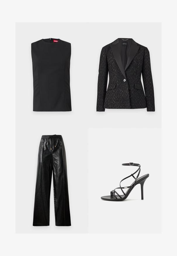 Zwarte blazer met een gestructureerd patroon, satijnen revers, twee voorkantzakken, enkele knoopsluiting en subtiele metalen accenten.; Zwart mouwloos topje met hoge hals, voorste naden en een onzichtbare rits aan de achterkant. Gemaakt van gladde stof met een gestructureerde pasvorm.; Zwarte leren wijde broek met een elastische tailleband, koord, en gouden hardware accenten. Heeft een gladde textuur en een losse pasvorm.; Zwarte hoge hakken sandaal met dunne banden, een enkelgesp, een gladleren oppervlak en een slanke stilettohak.