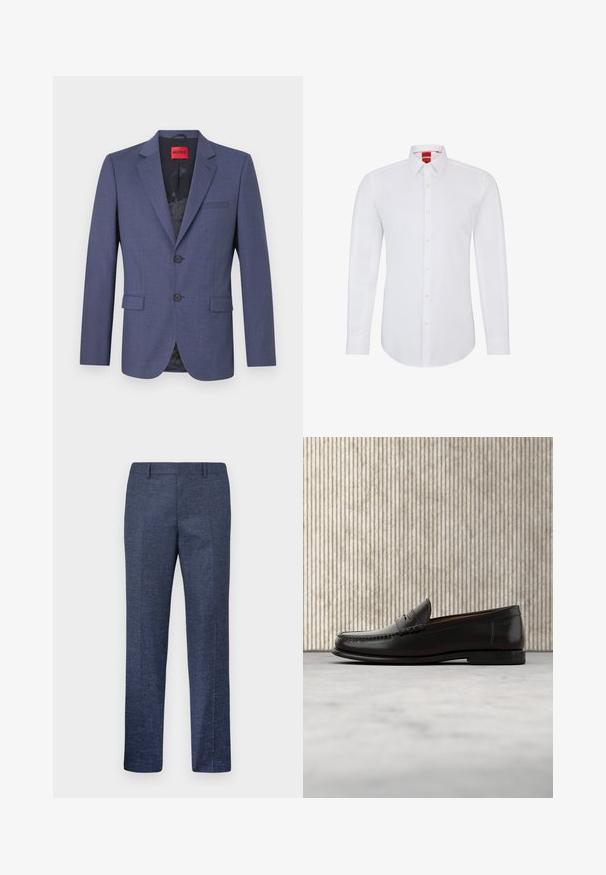 Marinblå blazer lavet af glat stof med en struktureret design, der har to forlommer og en enkelt knaplukning. Mærket inden i.; Hvid langærmet skjorte med krave, der har en knappet front og blødt, glat stof. Ingen mønstre eller detaljer synlige.; Herre lige marineblå bukser med bæltestropper, forreste presning og et subtilt tekstureret stofmønster.; Sort læder penny loafer med lav hæl, rundet tå og syningsdetaljer langs fronten og siderne, vist på neutral baggrund.