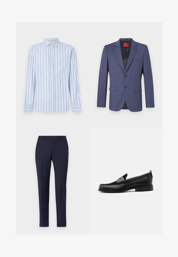 Marineblaue Blazer aus glattem Stoff mit strukturiertem Design, ausgestattet mit zwei vorderen Taschen und einem einzigen Knopfverschluss. Innen etikettiert.; Helles blaues Langarmhemd mit weißen und marineblauen vertikalen Streifen, Button-Down-Kragen und vorderem Knopfverschluss. Knackige Stofftextur.; Navyblaue maßgeschneiderte Hose mit einem eleganten Design, flachem Vorderteil, schmalen Beinen und ohne sichtbare Beschläge oder Muster. Glatte Stofftextur.; Schwarzer Lederloafer mit grauem Riemendetail, niedrigem Absatz und strukturierter Sohle, seitlich mit „HUGO“ in Gold gebrandmarkt.