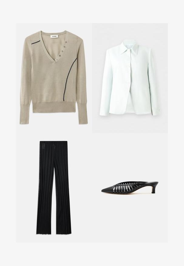 Witte blazer met knopen, puntige kraag en lange mouwen, getoond op een effen achtergrond.; V-hals trui in lichtbeige breiwerk, met een marineblauwe accentlijn en een detail van vijf knopen aan de voorkant, met lange mouwen en geribbelde manchetten.; Zwarte geplooide broek met een hoge tailleband, voorzien van een subtiele glans en brede, uitlopende pijpen. Materiaal is zacht en heeft een textuur.; Zwarte leren mule met puntige neus, riemdesign met uitsnijdingen en lage kittenhiel op een witte achtergrond.