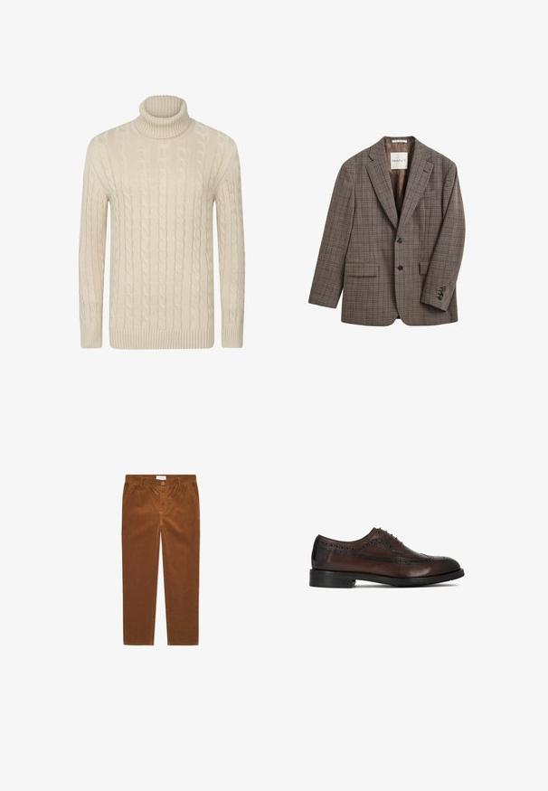 Blazer marron à carreaux à deux boutons avec revers crantés, poches avant à rabat et poignets boutonnés, étiquette GANT à l'intérieur du col.; Pull en maille torsadée à col roulé couleur beige clair, doté de poignets et d'un ourlet côtelés. Fabriqué dans un matériau doux et texturé, offrant un ajustement confortable.; Pantalon en velours côtelé marron avec une coupe droite, doté de poches avant, d'une fermeture à bouton et d'une texture à nervures verticales.; Chaussure Oxford à bout golf en cuir brun avec détails de brogue perforés et semelle noire, vue de profil latéral.