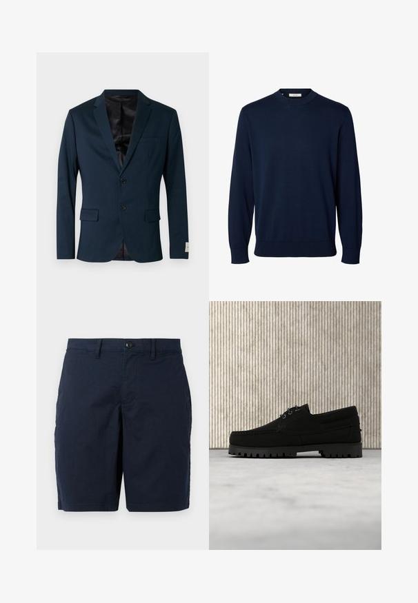 Marineblå blazer af glat stof med en haket revers, to knapper, to forlommer og en sort foring.; Marineblå langærmet crewneck-trøje med ribstrikkede manchetter og kant, mærket Selected ved halsen.; Marineblå shorts lavet af letvægtsstof. Har en knaplukning, flad front og to sidelommer. Klassisk, lige pasform.; Sort snørestøvle med tyk rilled sål, der svæver over beige tæppe, brun moderne rundt bord i blødt oplyst rum i baggrunden.