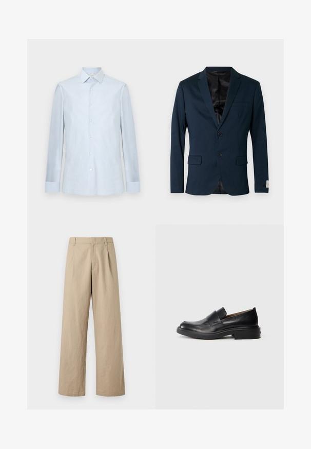 Blazer bleu marine en tissu lisse, avec un col à revers cranté, deux boutons, deux poches avant et une doublure noire.; Chemise homme bleu clair à manches longues, fermeture boutonnée sur le devant, col pointu et motif à carreaux discret.; Pantalon beige à jambes larges avec passants de ceinture, fermeture éclair devant, et plis, présenté sur fond blanc.; Chaussure habillée noire en cuir, à enfiler, avec un petit talon et un logo Calvin Klein discret sur le côté, présentée de profil sur un fond blanc.