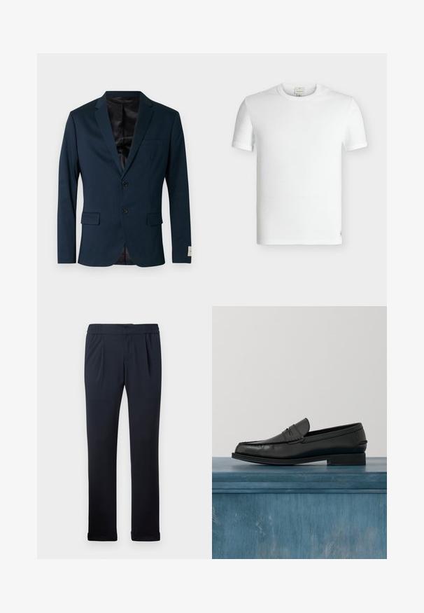 Marineblauer Blazer aus glattem Stoff mit einem Reverskragen, zwei Knöpfen, zwei vorderen Taschen und einem schwarzen Innenfutter.; Schlichtes weißes kurzärmeliges, geripptes Baumwoll-T-Shirt mit Rundhalsausschnitt und einem kleinen eingenähten Etikett nahe dem unteren Saum.; Dunkelblaue Hose aus weichem Stoff, mit elastischem Bund, Falten an der Vorderseite und umgeschlagenen Säumen. Glatte Textur, minimalistisches Design.; Schwarze Leder-Loafer mit schlankem Design, ausgestattet mit einer abgesteppten Zehe und einer glatten Oberfläche. Der Schuh verfügt über einen flachen Absatz und minimale Verzierungen.