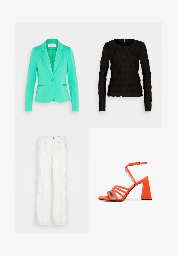 Turquoise blazer met een getailleerd ontwerp, enkele knoopsluiting, geknipte revers en zijzakken. Gemaakt van textiele stof.; Pieces PCLOLA O NECK - Longsleeve - black; BDG Urban Outfitters Relaxed fit jeans - white; Oranje blokhak sandaal met meerdere smalle banden en een enkelgesp. Goede textuur en vierkante neusontwerp. Platte zwarte buitenzool.