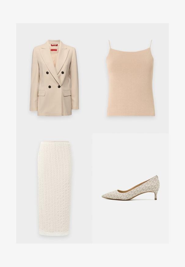 Blazer beige à double boutonnage avec un col cranté, des boutons noirs et deux poches avant. Présente un design ajusté et une texture lisse.; Camisole en tricot beige avec des bretelles fines, présentant une coupe ajustée et un tissu texturé, idéale pour le superposition ou un usage décontracté.; Jupe midi beige clair avec une texture ribbed verticale, en tissu doux, taille élastique et ourlet légèrement évasé. Aucun matériel ou accent visible.; Pointe de chaussure beige en tissu avec un motif géométrique, dotée d'un petit talon et d'une silhouette épurée. Texture lisse et accents minimaux.