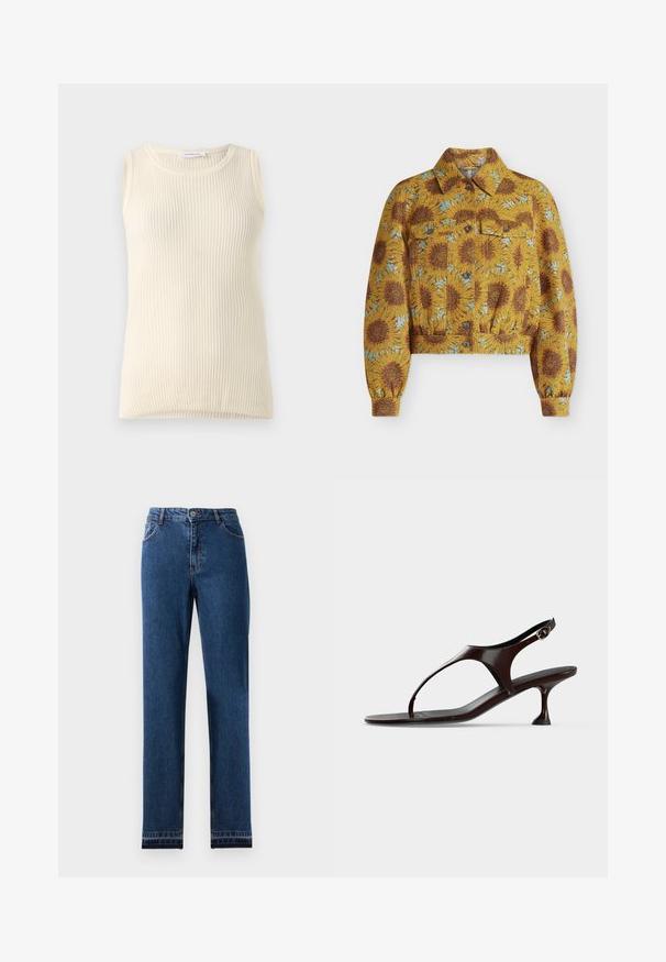 Gele cropped jas met bruine zonnebloemen en blauwe accenten, knopen aan de voorkant, borstzakken, lange mouwen en een puntige kraag.; Mouwloze crèmekleurige top met geribbelde textuur en ronde hals. De stof lijkt zacht, met een aansluitende pasvorm en zonder zichtbare patronen of accenten.; Blauwe denim jeans met een recht beenontwerp, vijf zakken en een knoopsluiting. Kenmerkt contraststiksels en een lichte vervaging.; Donkerbruine lakleren slingbacksandaal met kittenheel en teenbandje op witte achtergrond.