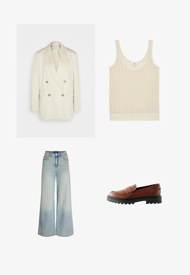 Dobbeltbrystet blazer i cremefarvet linen med spidse klapjer, to forlommer og metallisk knapper. Lige silhuet og glat tekstur.; Ærmeløs strikket top i cremefarve med blonde, åben hulkemønster og ribbet kant, størrelse small fra Reiss.; Vidde jeans lavet af lyseblåt denim, med høj talje, fem lomme-design og subtilt falmning i stoffets tekstur.; Brune læder loafers med en forhøjet tåhætte, dekorativ rem og tekstureret sort gummisål med markant mønster.