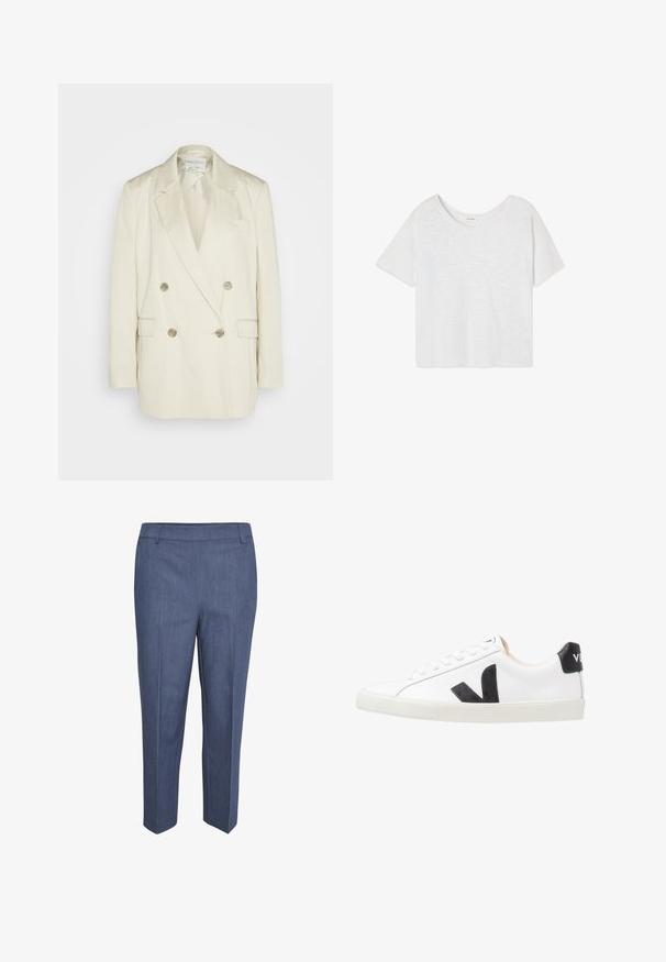 Blazer de doble botonadura en lino crema con solapas puntiagudas, dos bolsillos frontales y botones metálicos. Silueta recta y textura suave.; Camiseta corta blanca lisa de manga corta con cuello redondo, exhibida sobre un fondo blanco.; Pantalones a medida de tela azul oscura con una sutil textura. Presentan un frente plano, piernas rectas y una cintura de altura media. Sin bolsillos visibles.; Zapatilla blanca con un logo en V negro, con una parte superior de cuero liso, puntera redonda, cierre de cordones y una lengüeta en el talón de color negro en contraste.