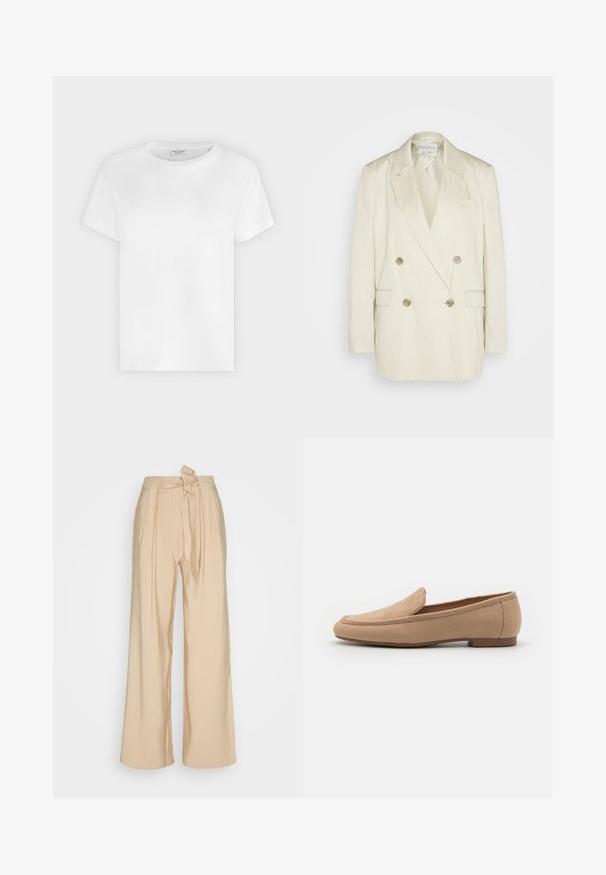 Dobbeltbrystet blazer i cremefarvet linen med spidse klapjer, to forlommer og metallisk knapper. Lige silhuet og glat tekstur.; Hvid T-shirt med korte ærmer og rund hals med synligt Marc O’Polo-mærke inde i kraven mod en ensfarvet baggrund.; Beige viddebenede bukser i et glat stof, med en bundet taljedetalje og frontfolder for en struktureret form.; Beige ruskindsloafers med rund tå, minimal syning og en lavprofil gummimensole for komfort og stabilitet.