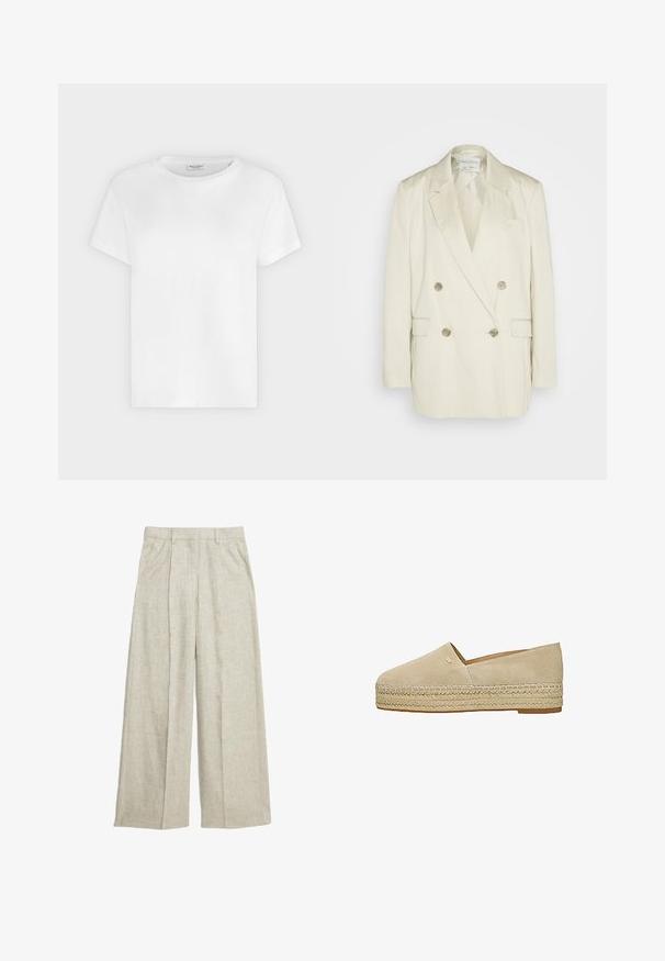 Dobbeltbrystet blazer i cremefarvet linen med spidse klapjer, to forlommer og metallisk knapper. Lige silhuet og glat tekstur.; Hvid T-shirt med korte ærmer og rund hals med synligt Marc O’Polo-mærke inde i kraven mod en ensfarvet baggrund.; Beige linnen brede bukser med plisseret front, der har høj talje og rene linjer, perfekt til åndbar komfort.; Beige ruskind slip-on espadrille med flettet jutesål og lille metalisk logo på oversiden.