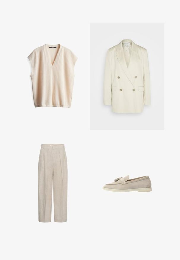 Dubbelzijdig blazer van roomkleurige linnen met pieklapels, twee voorzakken en metalen knopen. Rechte silhouet en gladde textuur.; Licht beige kortemouw shirt met een V-hals, met een gestructureerde stof en subtiele verticale strepen. Zacht, ademend materiaal, relaxte pasvorm.; Beige high-waist wijde broek met plooien aan de voorkant en riemlussen, gemaakt van een gestructureerde linnenstof.; Beige suède instapschoenen met een kwastaccent, met een gladde textuur, ronde neus en een rubberen zool voor flexibiliteit.