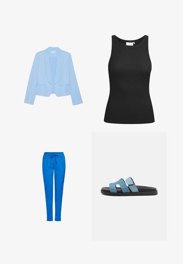Blazer azul claro con una textura suave, cuello chal y dos bolsillos frontales. Diseño minimalista sin botones ni cierres.; Top negro sin mangas hecho de tela acanalada, con un escote en forma de bote y un ajuste ceñido. Costuras planas y sin adornos. Diseño simple y elegante.; Pantalones de chándal azules hechos de tejido suave, con cinturilla elástica y cordón, dos bolsillos frontales y un diseño de pierna ajustada.; Steve Madden MISSILEE - Sandalias planas - blue denim