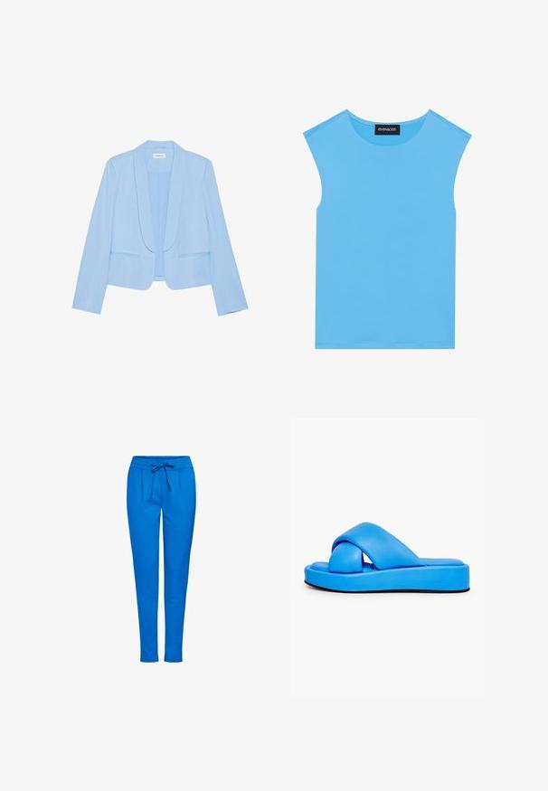 Blazer azul claro con una textura suave, cuello chal y dos bolsillos frontales. Diseño minimalista sin botones ni cierres.; Top sin mangas azul hecho de una tela suave, con un escote redondo y líneas limpias, sin adornos ni patrones adicionales.; Pantalones de chándal azules hechos de tejido suave, con cinturilla elástica y cordón, dos bolsillos frontales y un diseño de pierna ajustada.; Chancla azul con una suela gruesa y acolchada, que presenta un diseño de correas cruzadas, textura suave y detalles en la suela negra.
