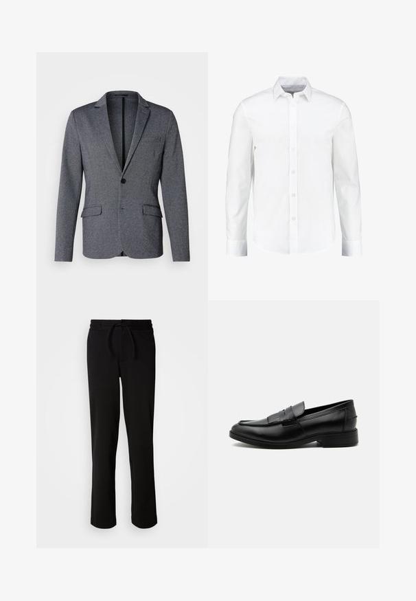 Americana gris con solapa con muesca, cierre de un solo botón, dos bolsillos frontales y una tela texturizada. Ajuste estándar con un dobladillo recto.; Camisa blanca de manga larga con botones, confeccionada en algodón suave. Presenta un cuello clásico y una parte delantera con botones, con un dobladillo recto.; Pantalones de chándal negros con cinturilla ajustable, hechos de tela suave y elástica. Presentan un corte relajado con piernas rectas y sin bolsillos visibles.; Mocasín negro de cuero para hombre con detalle de borlas, punta redondeada, tacón bajo y acabado liso y pulido, mostrado de lado sobre un fondo blanco.