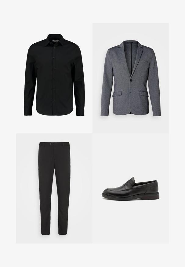 Grå blazer med spidsflip, enkelt knaplukning, to foran lommer og et struktureret stof. Standard pasform med lige søm.; Sort langærmet skjorte lavet af glat stof, har en knaplukning foran, spidse kraver og en skræddersyet pasform med en buet kant.; Sorte, skræddersyede bukser med lige ben-design, forlommer og knaplukning. Fremstillet af et glat stof med en let glans.; Sorte læderloafers med en syet tådetalje, to vandrette remme over forsiden, og en træhæl. Glat tekstur og afrundet form.