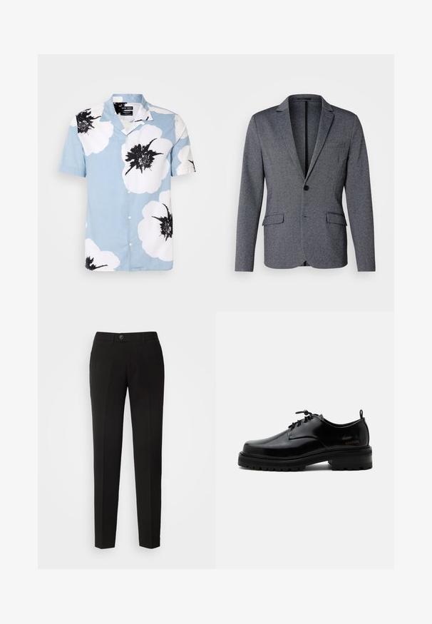 Grå blazer med spidsflip, enkelt knaplukning, to foran lommer og et struktureret stof. Standard pasform med lige søm.; Kortærmet skjorte med knapper i lyseblåt stof med store hvide blomster og sorte detaljer. Har en camp krave og en afslappet pasform.; Sorte lige bukser lavet af glat stof, med knaplukning og sidelommer i et klassisk design.; Sort poleret læder snørestøvle med tyk gummisål og lav hæl, sideskilt med mærketekst "SAMSOE" og bageste træksnor.