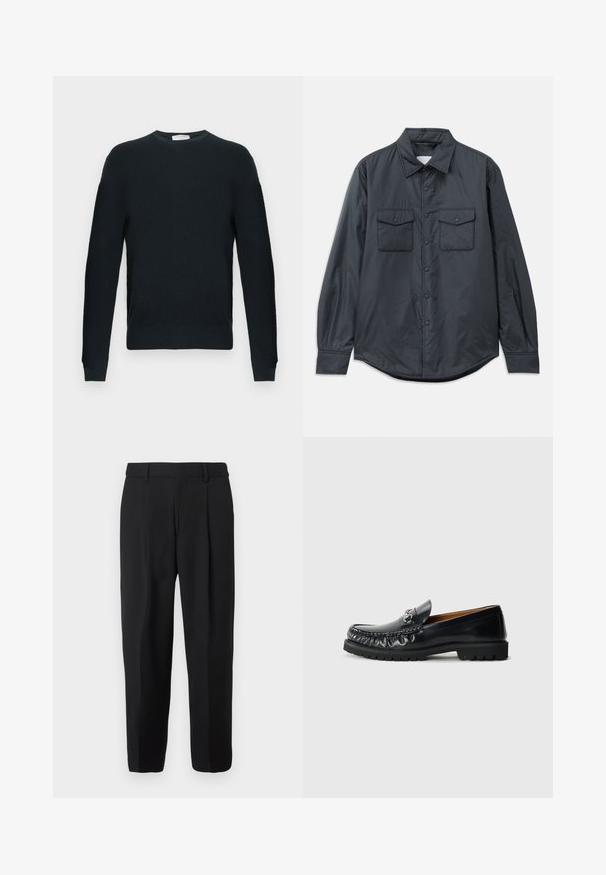 Dark gray long-sleeve shirt made of smooth fabric featuring a pointed collar, two chest pockets, and button closure down the front.; Knitted black sweater with a round crew neckline, long sleeves, and a textured pattern. Features ribbed hem and cuffs.; Black trousers with a straight-leg design, crafted from woven fabric, featuring a flat front, belt loops, and two side pockets.; Black leather loafer with a rounded toe, decorative stitching, and a metallic accent on the front; rubber sole with traction pattern.
