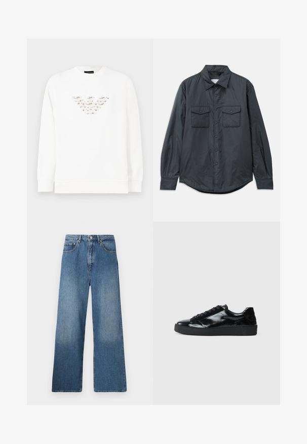 Camisa de manga larga gris oscuro hecha de tela suave, con cuello puntiagudo, dos bolsillos en el pecho y cierre de botones en la parte delantera.; Sudadera blanca con un diseño de logo texturizado y multicolor en el centro. Mangas largas y cuello redondo con ribete. Material suave.; Jeans de denim azul de pernera ancha con un diseño clásico de cinco bolsillos, cierre frontal con botón y un ligero desgastado para dar textura.; Zapatillas de charol negro con punta redonda, diseño con cordones, suela de goma texturizada y acabado suave.