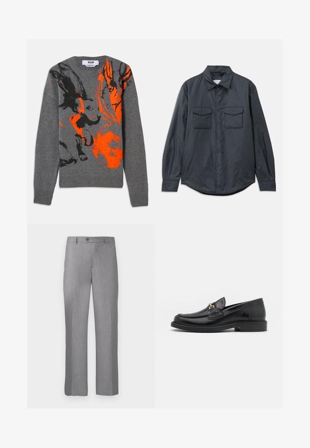 Mørkegrå langærmet skjorte lavet af glat stof med spids krave, to brystlommer og knaplukning foran.; Grå strikket sweater med et kontrasterende orange og sort abstrakt design. Rund hals og ribbede manchetter og kant. Blød tekstur.; Grå skræddersyede bukser med bælte-løkker, frontknap og lynlås, med lige ben.; Sorte læder loafers med en rund tå, der har guld hardware accent og syningsdetaljer, placeret på en lav, tekstureret gummisål.