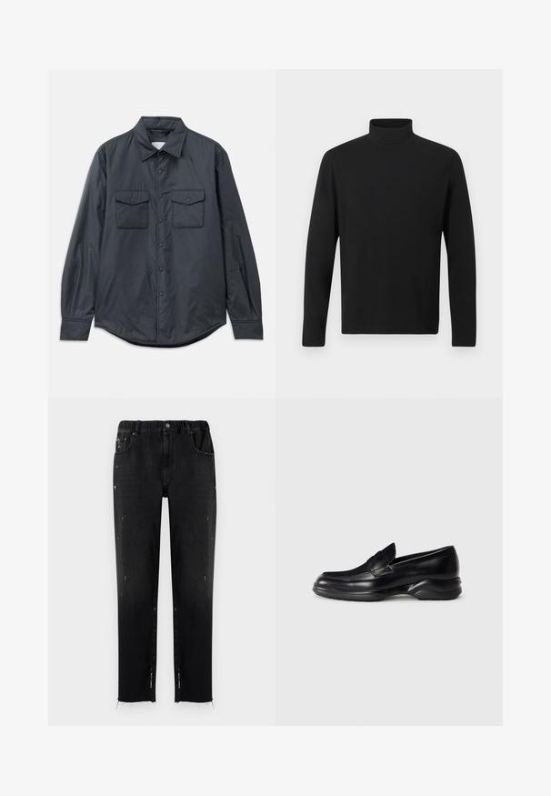 Camisa de manga larga gris oscuro hecha de tela suave, con cuello puntiagudo, dos bolsillos en el pecho y cierre de botones en la parte delantera.; Camisa de cuello alto negra hecha de una tela suave. Cuenta con mangas largas y un collar alto. Diseño sencillo sin patrones ni acentos adicionales.; Vaqueros negros de denim con cinturilla elástica, corte recto, detalles desgastados y dobladillo desflecado. Presenta bolsillos y cierre con botón.; Mocasines de piel negra con una suela de goma texturizada y baja, y un diseño de costura en la parte superior. Presenta una punta redondeada y mínimas ornamentaciones.