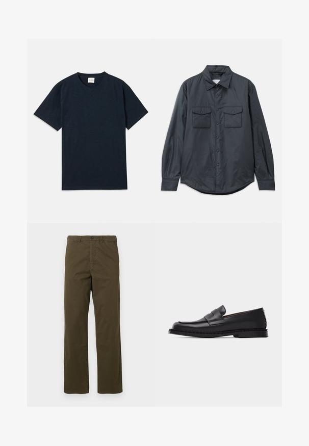 Dunkelgraues Langarmhemd aus glattem Stoff mit spitzem Kragen, zwei Brusttaschen und Knopfverschluss vorne.; Ein einfarbiges, dunkelblaues Kurzarm-T-Shirt mit Rundhalsausschnitt und kleinem eingeprägtem Logo nahe dem unteren Saum.; Herren gerade geschnittene braune Baumwollhosen mit Gürtelschlaufen, vorderem Knopf und Reißverschluss vor einem hellen Hintergrund.; Schwarzer Penny-Loafer aus Leder mit niedrigem Absatz, abgerundeter Spitze und dekorativem Riemen über dem Vorderfuß, vor einem einfarbigen hellen Hintergrund.