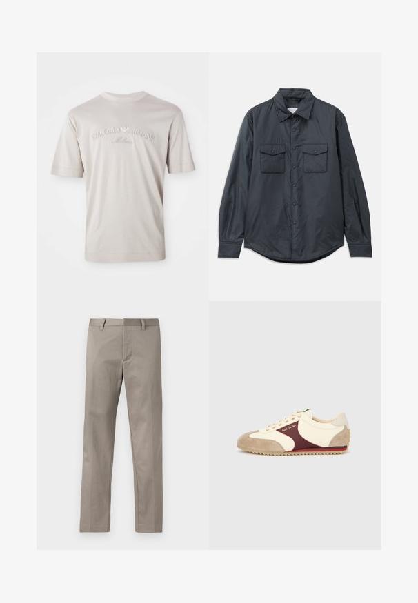 Donkergrijze lange mouwen shirt gemaakt van zachte stof met een spitse kraag, twee borstzakken en knoopsluiting aan de voorkant.; Lichtbeige t-shirt met korte mouwen van zachte stof, voorzien van een geborduurd "Emporio Armani Milano" logo in een iets donkere tint.; Lichtgrijze broek met een rechte pijp, gemaakt van gladde stof, met een platte voorkant en een standaard tailleband met lussen voor een riem.; Sportieve sneaker met een bovenwerk van crèmekleurige stof, een bordeauxrode suède accenten, een beige neuskap en een geribbelde rubberen zool met zigzagpatroon.