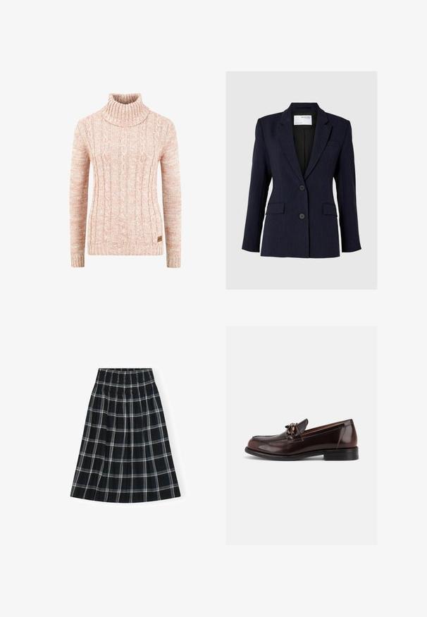 Námornícky modrý blazer z textúrovanej látky, s jednoradovým dizajnom, dvoma prednými gombíkmi a dvomi bočnými vreckami.; Pletený svetrový rolák v jemnej broskyňovej farbe s textúrovaným káblovým vzorom, dlhými rukávmi a tkanou značkovou etiketou na leme.; Čierno-biely kockovaný sukňa s elastickým pásom, dĺžky po kolená, s rozšíreným strihom a jemnou textúrou látky.; Tmavohnedý pánsky kožený mokasín s nízkym podpätkom a dekoratívnym kovovým prvkom na priehlavku, zobrazený z boku na bielom pozadí.