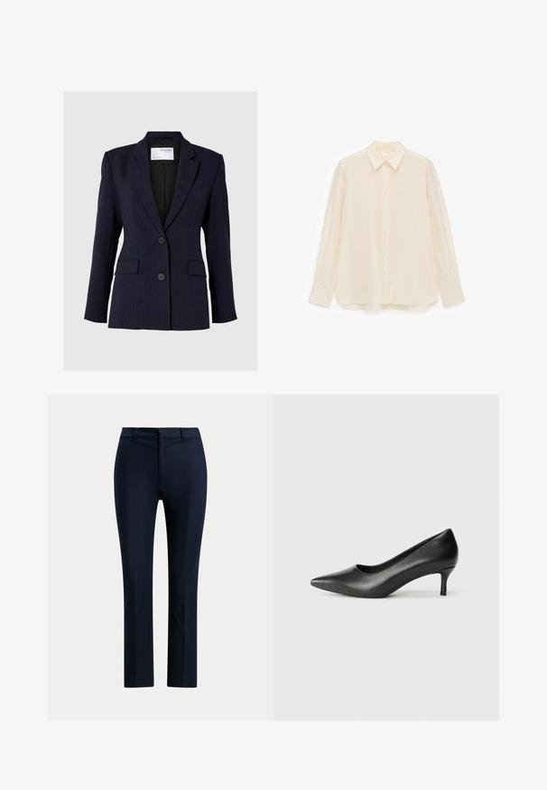 Mørkeblå blazer lavet af struktureret stof, med en enkelt-knap design, to frontknapper og to sidelommer.; Kremfarvet skjorte med knapper lavet af glat stof, med krave, lange ærmer og en let buet kant.; Mørk marineblå skræddersyede bukser med lige ben, bæltestropper og frontlynlås på hvid baggrund.; Sorte læder pumps med spids tese og en lav, kegleformet hæl, glat tekstur og en lav skæring i overdelen for synlighed af foden.