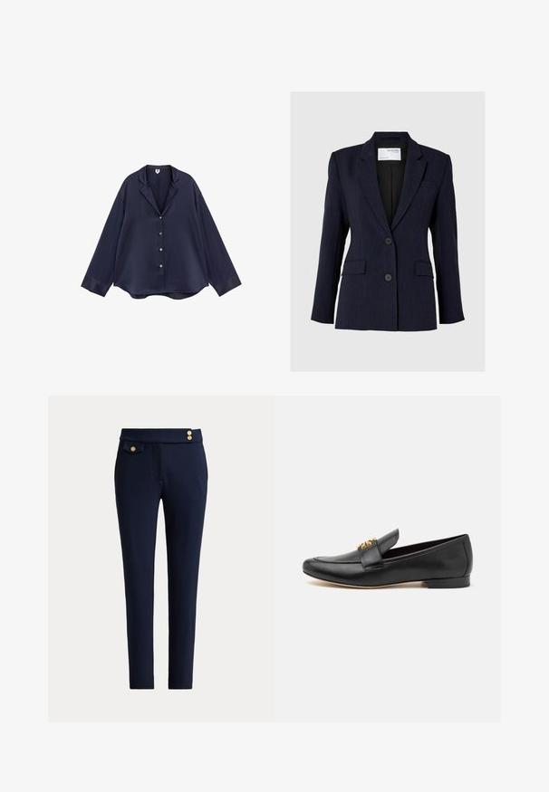 Blazer bleu marine en tissu texturé, présentant un design à simple boutonnage, deux boutons à l'avant et deux poches latérales.; Chemise en satin bleu marine à manches longues avec col cranté, boutonnière devant, et coupe ample et décontractée.; Pantalon slim bleu marine avec une poche à rabat à l'avant et trois boutons décoratifs dorés à la taille.; Mocassins en cuir noir avec un bout rond, un talon plat et des accents en métal doré sur la sangle. Texture lisse avec des détails de conception minimaux.