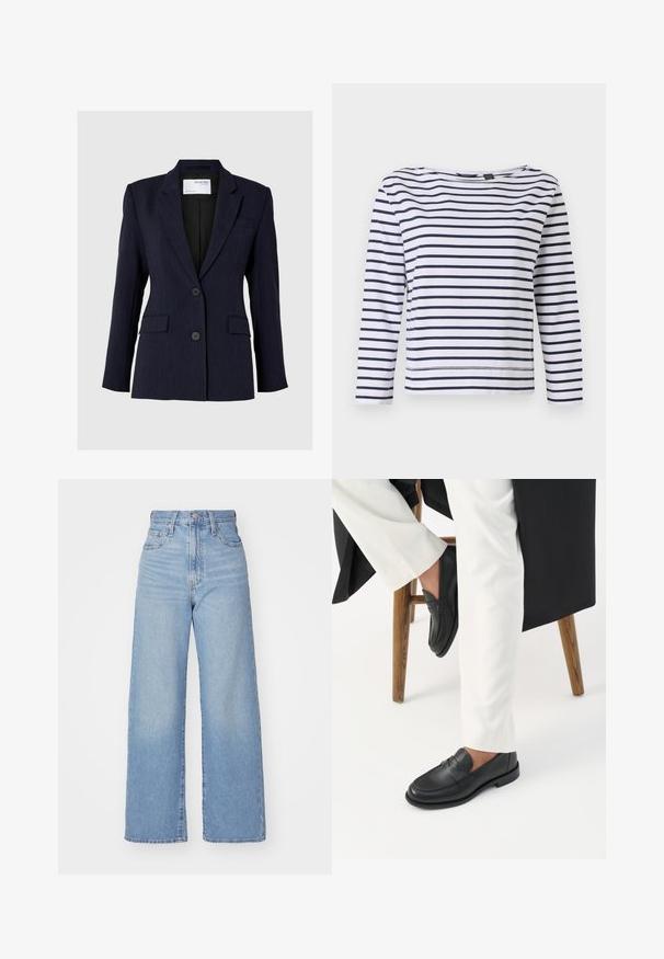 Mørkeblå blazer lavet af struktureret stof, med en enkelt-knap design, to frontknapper og to sidelommer.; Stribet langærmet top i hvid og marineblå, med en bådudskæring og en afslappet pasform. Lavet af blødt bomuldsstof med syede kanter.; Lyseblå højtaljede bukser med bred benåbning, med frontknap og lynlås, samt for- og baglommer, på en hvid baggrund.; Person iført sorte læder loafers og hvide bukser, siddende på en træskammel mod en hvid baggrund.