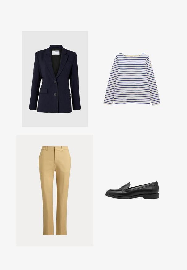 Marineblauwe blazer van textuurstof, met een enkelvoudige sluiting, twee voorste knopen en twee zijzakken.; Witte shirt met lange mouwen met horizontale blauwe strepen en een klein rechthoekig label op de bovenste linker mouw.; Beige rechte broek met riemlussen, een rits aan de voorkant en op maat gemaakte plooien op een effen lichte achtergrond.; Zwarte leren instapper met een gladde textuur, voorzien van een gevlochten accent over de bovenkant en een lage, ronde hak. Eenvoudig ontwerp en vorm.