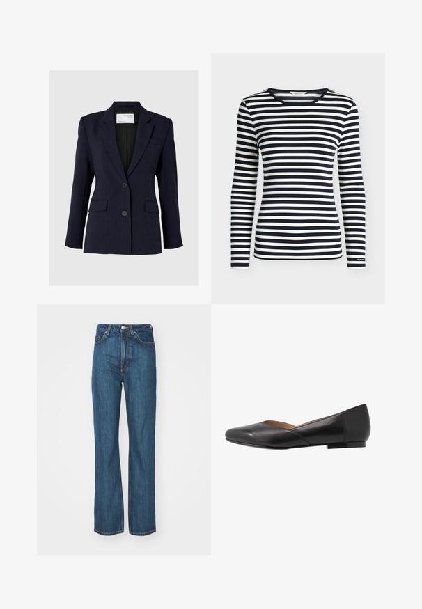 Blazer bleu marine en tissu texturé, présentant un design à simple boutonnage, deux boutons à l'avant et deux poches latérales.; Chemise à manches longues avec des rayures horizontales bleu marine et blanches et un col rond, brandée GANT sur le bord de la manche.; Jean en denim bleu avec une coupe droite, doté d'une fermeture par bouton, de passants pour ceinture et de plusieurs détails de poches. Texture subtile.; Chaussure plate en cuir noir avec un bout pointu, un talon bas et un design supérieur légèrement ouvert. Texture lisse avec des détails de couture minimalistes.