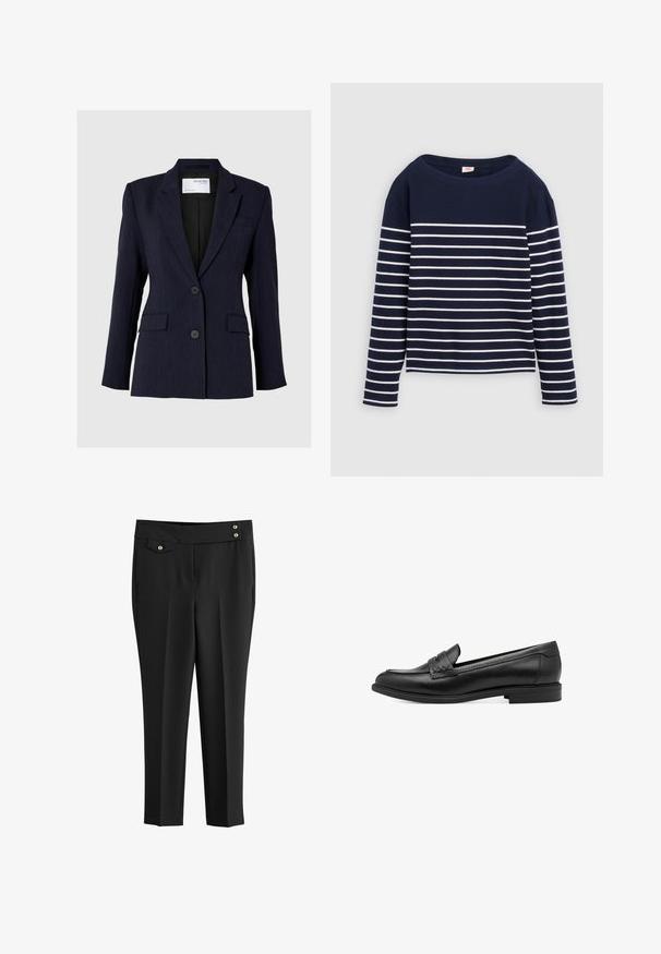 Marineblauwe blazer van textuurstof, met een enkelvoudige sluiting, twee voorste knopen en twee zijzakken.; Levi's® MARIN STRIPE - Longsleeve - navy/egret; Zwarte op maat gemaakte broek van lichtgewicht stof. Heeft een rechte voorkant, twee zijzakken en goudkleurige knoopaccenten bij de tailleband.; Zwarte leren instapper met een gladde textuur, voorzien van een gevlochten accent over de bovenkant en een lage, ronde hak. Eenvoudig ontwerp en vorm.