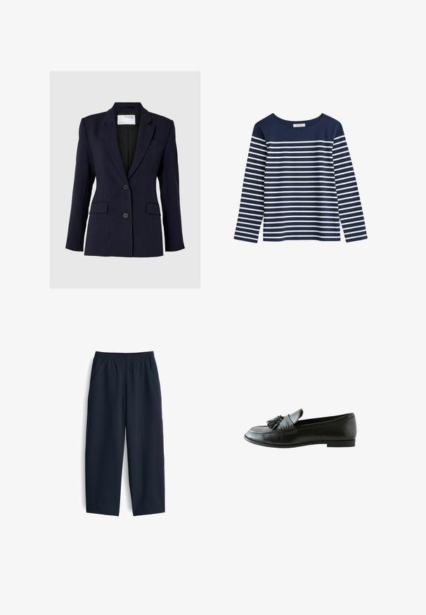 Marineblauer Blazer aus strukturiertem Stoff, mit einreihigem Design, zwei vorderen Knöpfen und zwei seitlichen Taschen.; Marineblaues Langarmshirt mit weißen horizontalen Streifen. Rundhalsausschnitt, weicher Stoff, lockere Passform und keine sichtbaren Beschläge oder Verzierungen.; Marineblaue Hose aus glattem Stoff, mit elastischem Bund, zwei Seitentaschen und einem entspannten Schnitt mit geraden Beinen.; Schwarzer Lederloafer mit Quasten oben und niedrigem Absatz, von der Seite vor weißem Hintergrund gezeigt.
