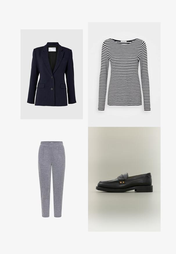 Blazer bleu marine en tissu texturé, présentant un design à simple boutonnage, deux boutons à l'avant et deux poches latérales.; T-shirt à manches longues et col rond affichant un motif rayé noir et blanc. Fabriqué en tissu doux avec une coupe régulière. Design épuré et minimal.; Pantalons à motif pied-de-coq en bleu marine et blanc, avec un tissu texturé, une taille élastique et une coupe fuselée.; Mocassin pour homme en cuir noir avec couture moc toe, bride décorative avec deux clous dorés et petit talon empilé sur fond neutre.