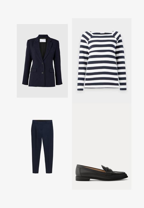Mørkeblå blazer lavet af struktureret stof, med en enkelt-knap design, to frontknapper og to sidelommer.; TOM TAILOR STRIPED CARRE NECK - Langærmet T-shirt - lunar eclipse/off white; Mørkeblå skræddersyede bukser med bæltestropper, sidelommer og en favoritfold fortil, designet til en tætsiddende pasform.; Sort dames loafer i læder med lav hæl, rundet tå og syninger på overdelen, vist fra siden på en ensfarvet baggrund.