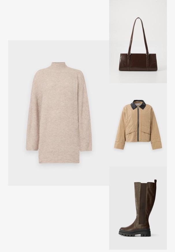 Cazadora cortada beige hecha de tejido texturizado, con un cuello de cuero sintético negro, cierre frontal y dos grandes bolsillos frontales.; Jersey beige de cuello alto con mangas caídas, hecho de material de punto acanalado. Corte relajado con mangas largas y una textura suave.; Bota de cuero marrón hasta la rodilla con un acabado mate, paneles laterales elásticos y una suela de goma negra gruesa. Forma recta con punta redondeada.; Bolso de mano de piel sintética marrón con forma rectangular, dos asas largas y sutiles acentos curvados en la parte delantera.