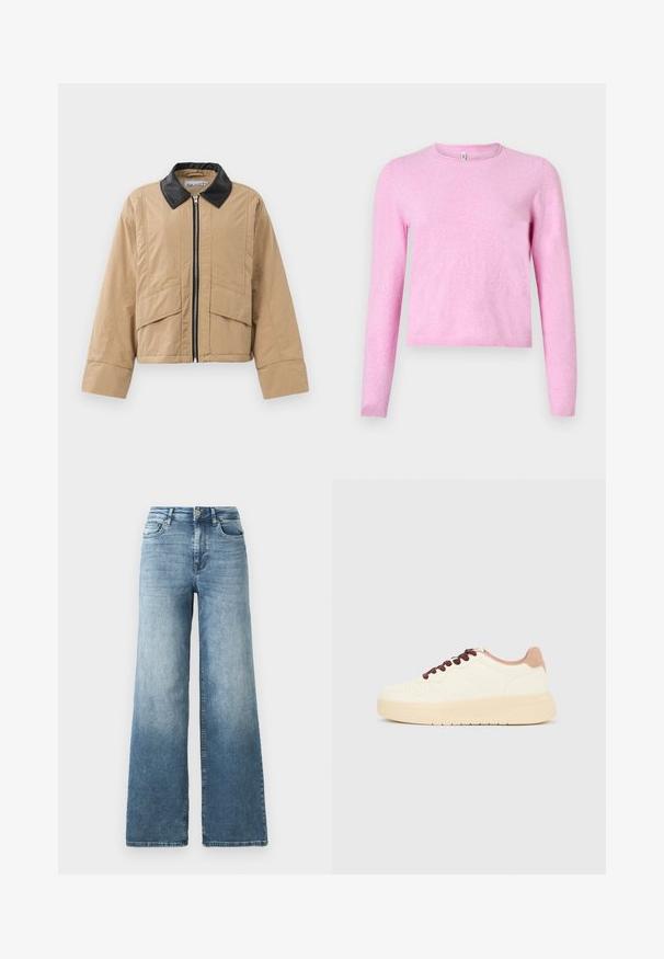 Beige cropped jakke lavet af struktureret stof, med en sort kunstlæderkrave, frontlynlås og to store forlommer.; Lyserød langærmet sweater i blødt, let strik. Har rund halsudskæring og ribbet kant. Enkel design uden mønstre eller pynt.; Vide ben jeans i lys blå vask, med høj talje, fem-lomme design og subtil falmen på stoffet. Klassisk metalknap lukning.; Beige lavt skindesko med tyk sål, perforeret tå, lyserød hælkant og mørkebrune snørebånd på ensfarvet lysegrå baggrund.