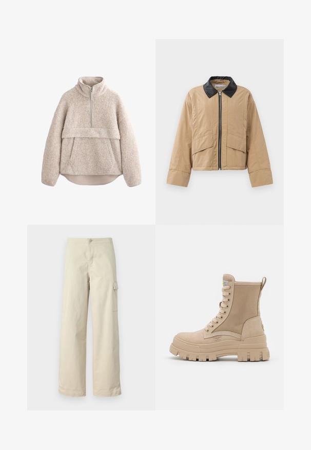 Beige cropped jakke lavet af struktureret stof, med en sort kunstlæderkrave, frontlynlås og to store forlommer.; Beige, struktureret fleece-pullover med høj krave, lynlås i halv længde og frontlomme. Har brede ærmer og en buet kant.; Beige cargo bukser lavet af blødt bomuld, med lige pasform, en frontknap og en sidelomme med flapdetalje.; Beige snørestøvle til anklen med tyk rillede sål og tekstureret sidepanel, der viser mærkeetiketten og trækskiven bagpå.