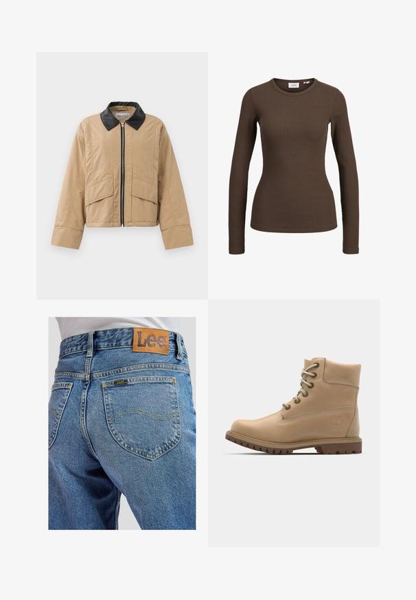 Beige kurz geschnittene Jacke aus strukturiertem Stoff mit einem Kragen aus schwarzem Kunstleder, einem frontalen Reißverschluss und zwei großen Fronttaschen.; Braunes, geripptes, enganliegendes Langarmshirt mit rundem Ausschnitt, auf weißem Hintergrund dargestellt.; Blaue Jeans aus Denim mit Gesäßtaschen, die gelbe Nähte und ein braunes Lederpatch der Marke Lee am Bund aufweisen.; Beige Leder Stiefeletten mit runder Spitze, beigen Schnürsenkeln und robuster Sohle. Mit Seitennähten und einem runden Logo an der Ferse.