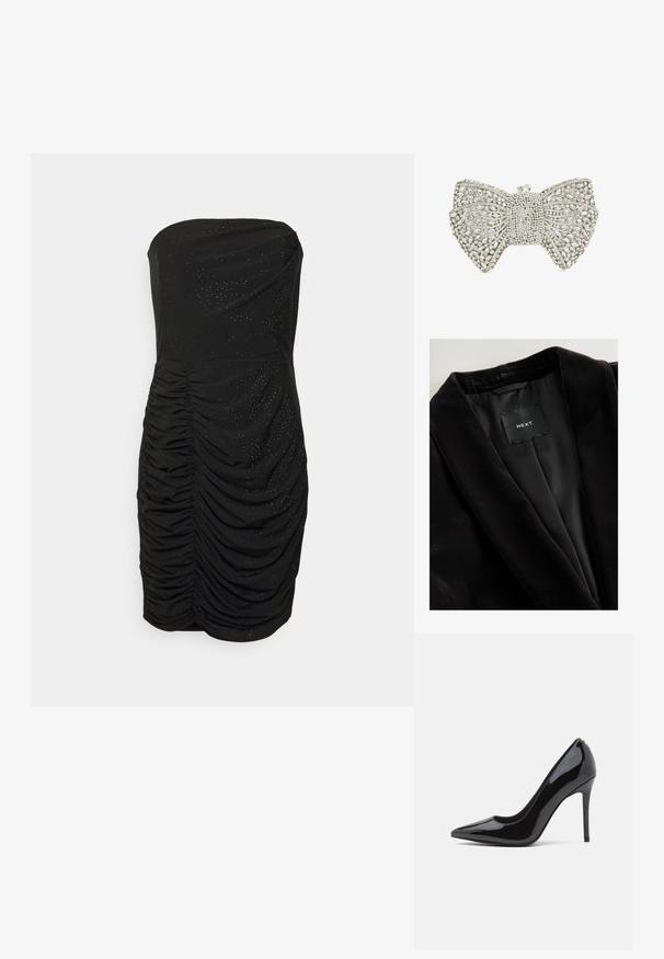Blazer de terciopelo negro con cuello chal, forro de satén y una etiqueta que dice "NEXT". Tejido texturizado con un acabado suave.; Halston GENEVA DRESS - Vestido de cóctel - black; Zapato de tacón alto de charol negro con punta afilada y textura suave, con un delgado tacón de aguja. Sin adornos visibles.; Clutch en tono plata con forma de lazo adornado con strass claros y un cierre de cristal en la parte superior.