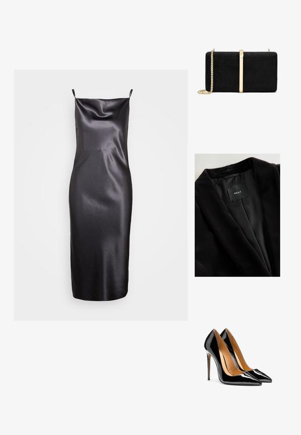 Blazer de terciopelo negro con cuello chal, forro de satén y una etiqueta que dice "NEXT". Tejido texturizado con un acabado suave.; Samsøe Samsøe FREDERICKA LONG DRESS - Vestido de cóctel - ombre dark; Par de tacones altos de charol negro brillante con punta afilada, tacones de aguja y forro interior color beige sobre fondo blanco.; Bolso de mano de ante negro con forma rectangular suave, que presenta un acento metálico dorado y una cadena como asa.