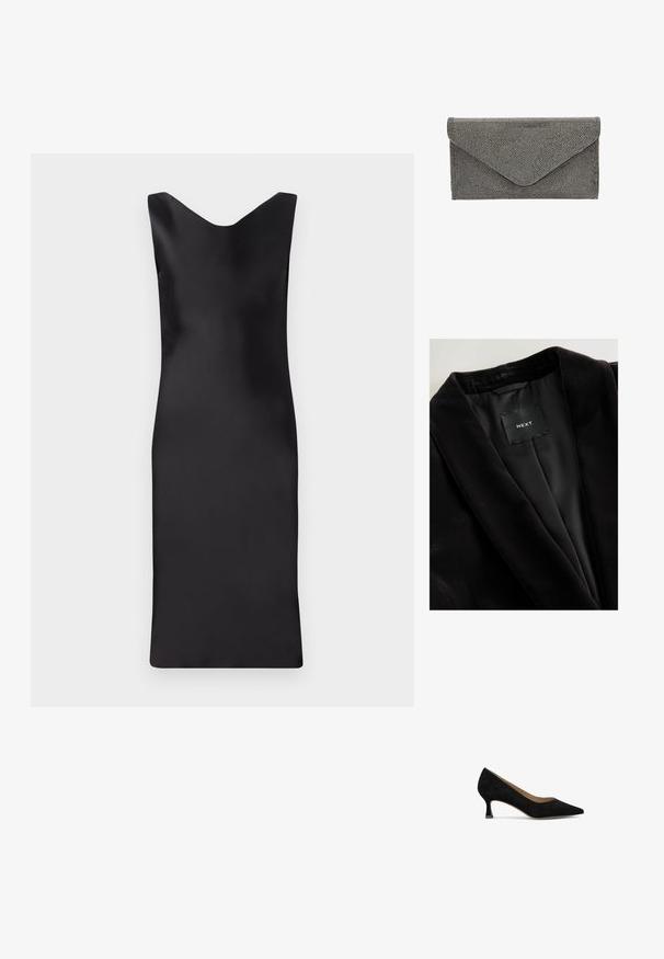 Zwarte fluwelen blazer met een sjaalkraag, satijnen voering en een label met de tekst "NEXT." Gestructureerde stof met een gladde afwerking.; Zwarte satijnen mouwloze jurk met een v-hals, aansluitende silhouet en een lengte tot onder de knie. Gladde textuur en minimalistisch ontwerp.; Zwarte suede pump met een spitse neus, lage vierkante hak en een gladde binnenvoering. Eenvoudig ontwerp zonder zichtbare patronen of accenten.; Zwarte stoffen clutch met een getextureerd studpatroon en envelopsluiting, met een strakke rechthoekige vorm en zonder zichtbare hardware.
