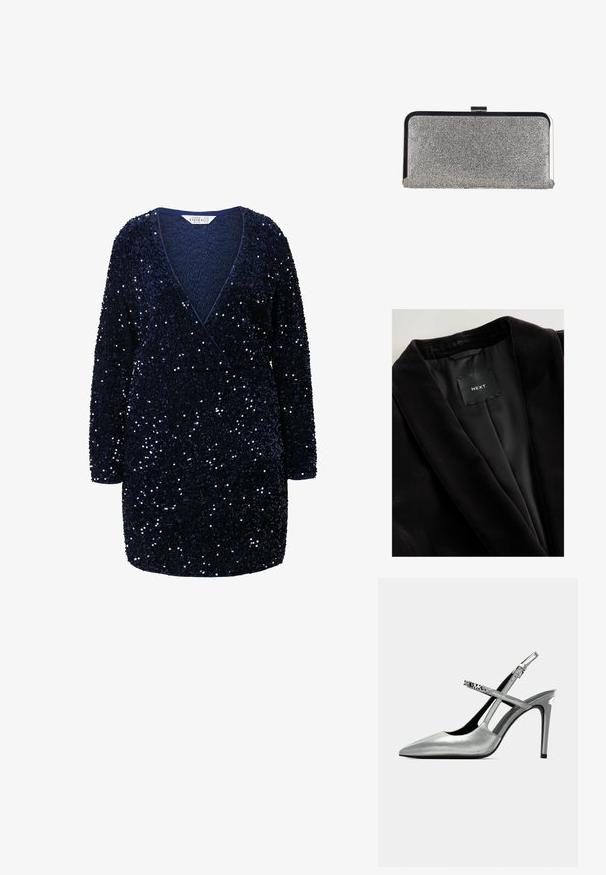 Sort fløjlsblazer med sjalkrave, satinfor og en mærkat med teksten "NEXT." Tekstureret stof med en glat finish.; Mørkeblå, palietteret kjole med lange ærmer, omslagsdesign, dyb V-hals og struktureret stof, der har en tætsiddende talje og løs kant.; Sølv slingback høje hæle med spids tå, blank finish og tynd stiletthæl. Dekorativ strop med metalliske accenter.; Rektangulær sølv clutch-pung dækket med små rhinsten med en sort og sølv metalramme og låsebeslag.