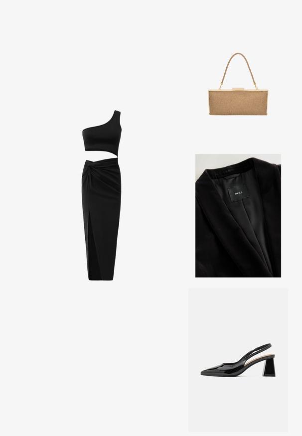 Zwarte fluwelen blazer met een sjaalkraag, satijnen voering en een label met de tekst "NEXT." Gestructureerde stof met een gladde afwerking.; Zwart twee-delig outfit met een één-schouder crop top en hoge taille rok met een gedraaide detail en een zijsplit. Glad materiaal.; Zwarte gepatineerde slingback hakken met een spitse neus, voorzien van een unieke geometrische blokhak en een gladde textuur. Verstelbare band voor ondersteuning.; Metalen gouden clutch tasje met een geweven tan textuur, voorzien van een korte handgreep en een klipsluiting, rechthoekige vorm. Lichtgewicht ontwerp.