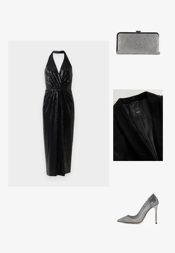 Zwarte fluwelen blazer met een sjaalkraag, satijnen voering en een label met de tekst "NEXT." Gestructureerde stof met een gladde afwerking.; Zwarte halterjurk van sequin-stof, met een diepe V-hals, een geplooide taille en een aansluitende silhouet die tot halverwege de kuit valt.; Zilveren pump met hoge hak, bedekt met gaasstof en ronde reflecterende studs, puntige neus en slanke metallic stilettohak.; Rechthoekige zilveren clutchtas bedekt met kleine strass-steentjes, met een zwart-zilveren metalen frame en een sluiting met gesp.